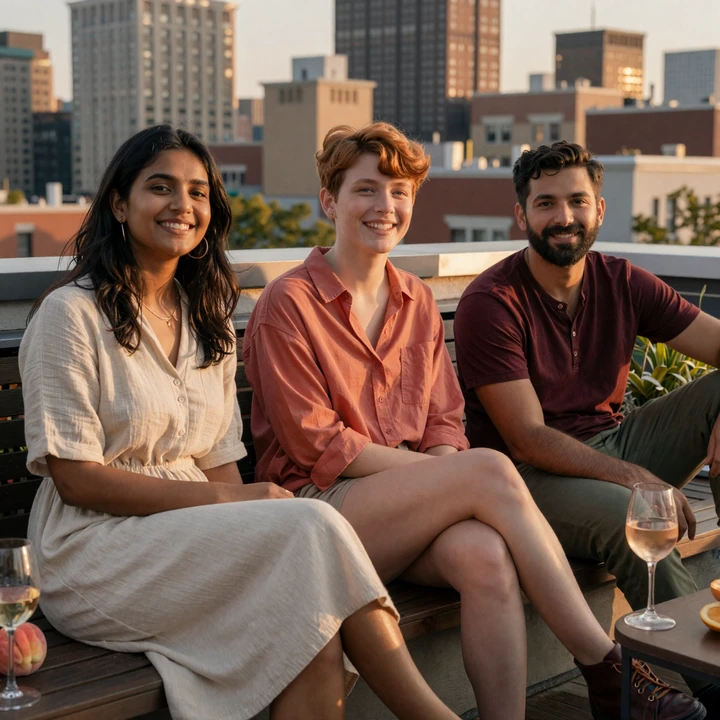Three inclusive Small Penis Club members across genders and orientations on a Brooklyn rooftop at golden hour
