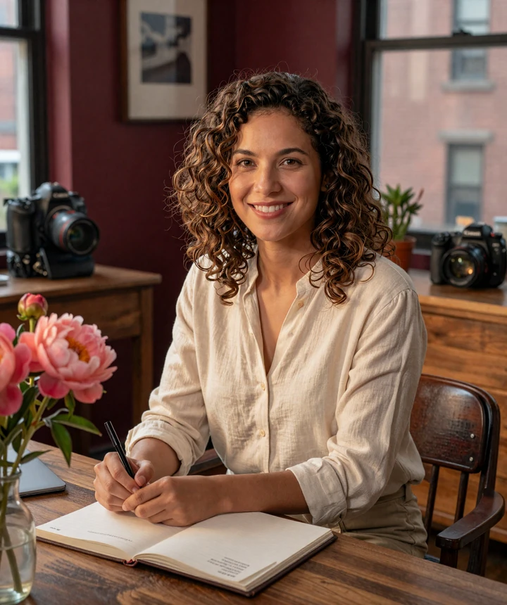 Mara, RealIntimacy co-founder, smiling at her Brooklyn workspace - the warm face behind a small penis dating platform built on acceptance