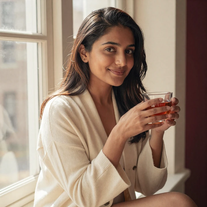 Priya, a RealIntimacy member who openly discusses preferring a smaller partner for medical comfort, in a sunlit apartment