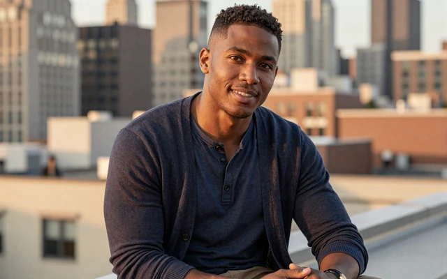 Marcus, a small penis dating member, smiling on a Brooklyn rooftop at golden hour