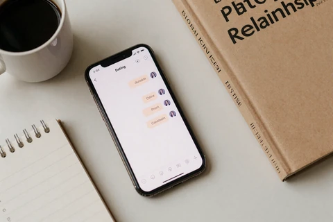 Overhead flatlay of phone, coffee and pros-cons list - is online dating worth it in 2026 analysis cover