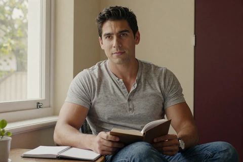 Daniel, 32, journaling by a sunlit window - overcoming penis size anxiety practical guide cover