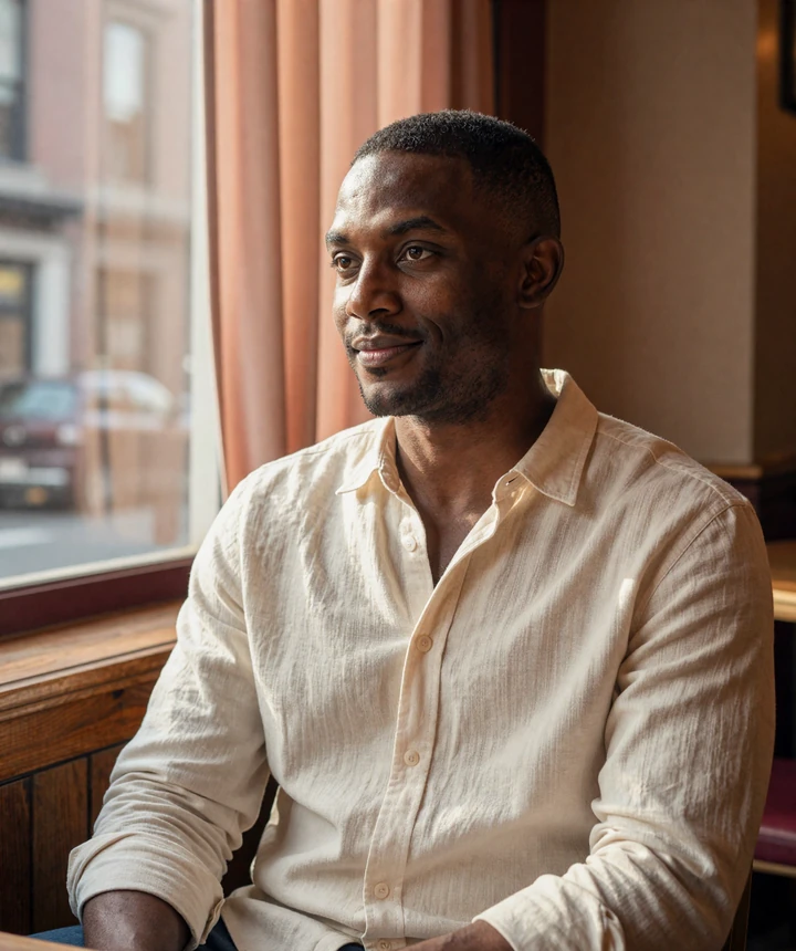 Marcus, a confident RealIntimacy member, smiling in a sunlit cafe - representing the small penis men dating community