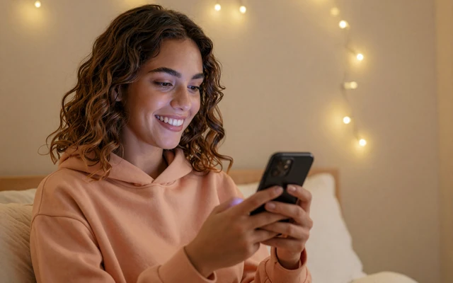 Sofia laughing at her phone in a cozy bedroom, representing the Small Penis Chat community