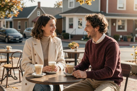Two singles meeting at a sunlit neighborhood cafe - local flirting and meeting singles near you guide cover