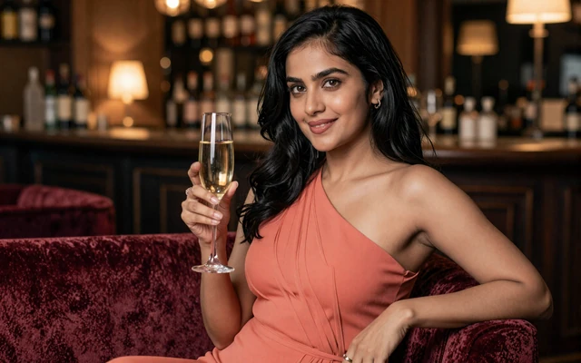 Priya, a Small Penis Club premium member, in an upscale lounge bar setting