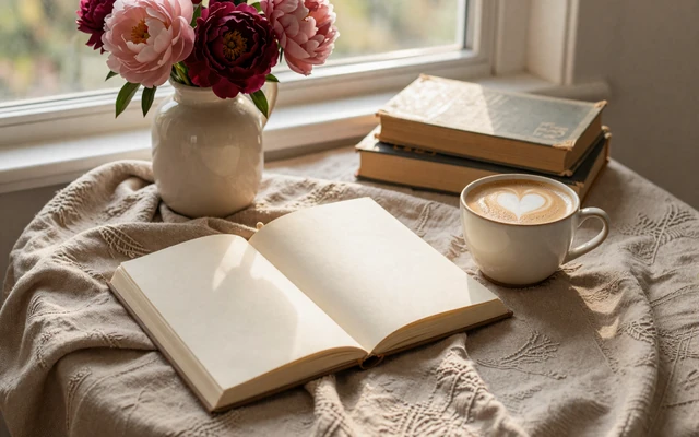 A cozy reading nook with notebook, coffee, and peonies - the RealIntimacy blog hub